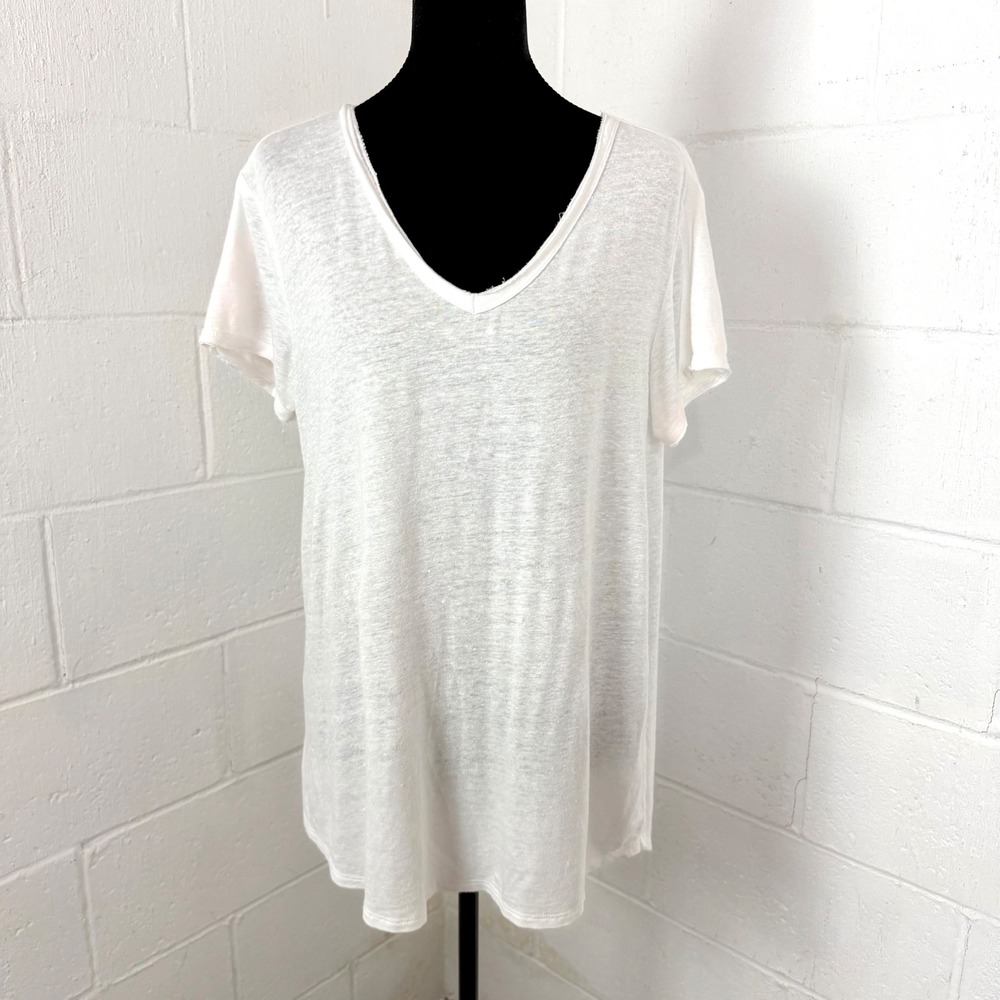 J.McLaughlin Linen Blend Kacey Top SZ M White V-Neck Raw Hem Beach Minimalist